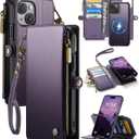 for iPhone 15 - Phone Case Wallet Magnetic Detachable, Purple | Compatible with Magsafe, RFID Blocking Card Holder, Zipper Pocket, Wristlet, Durable PU Leather, Magnet Flip, for Women Men