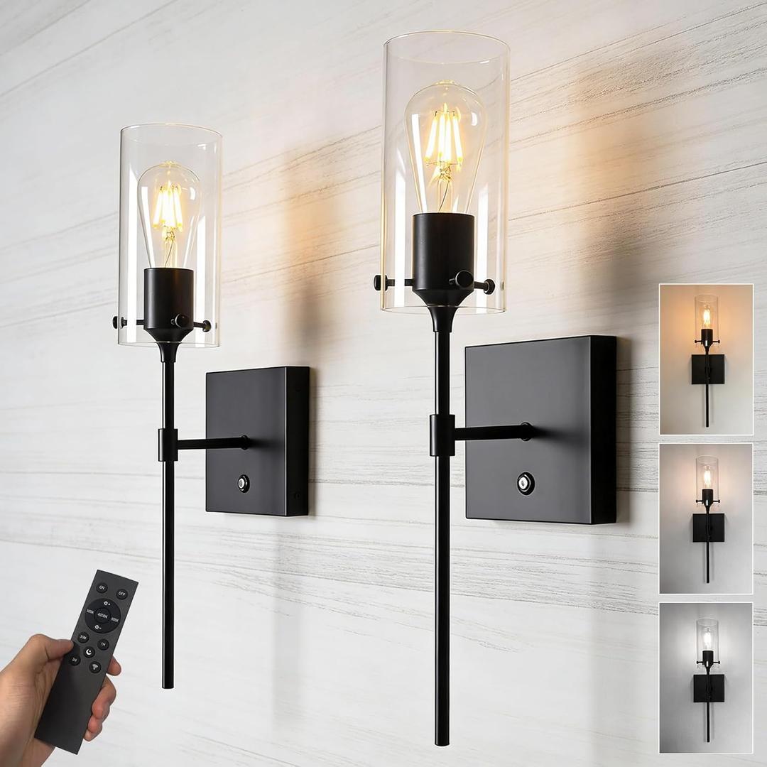 Modern Battery Operated Wall Sconce, Remote Control, Adjustable Brightness & Color Temperature (3000K/4000K/6000K), Timer & Memory, Edison Bulb, Cordless, Perfect for Bedroom, Hallway