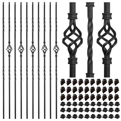 30 Pack Staircases Iron Balusters -1/ 2'' Square Hollow Metal Spindles with Single Basket and Double Twist Design, Includes 30 Flat Shoes & 30 Angle Shoes