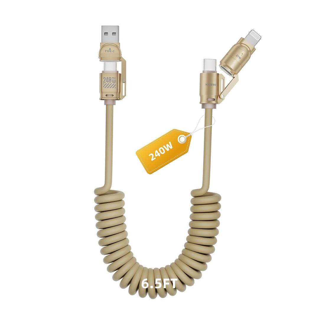 4 in 1 Retractable Charging Cable,Coiled USB C Cable for CarPlay&Android Auto, Multi Charger Cord with Lightning Cable/Type C/USB A Ports for iPhone/iPad/Samsung/Switch/PS5