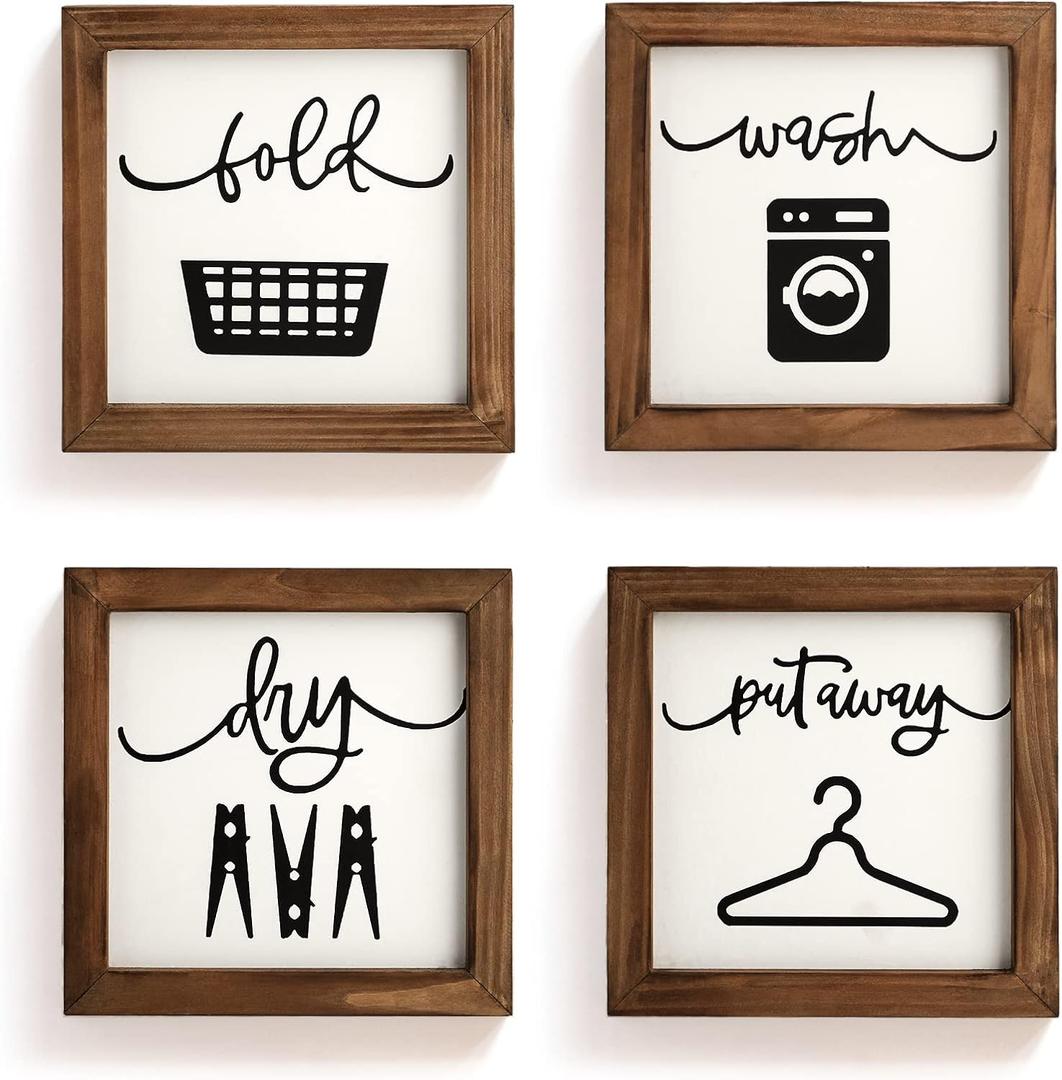 SHOHAYTO Laundry Room Decor for Wall Farmhouse Signs Set of 4 Wash Dry Fold Put Away Rustic Decor for Shelf Laundry Wall Art with Wood Frame Decorative Room Sign 8'' x 8'' (White & Brown)
