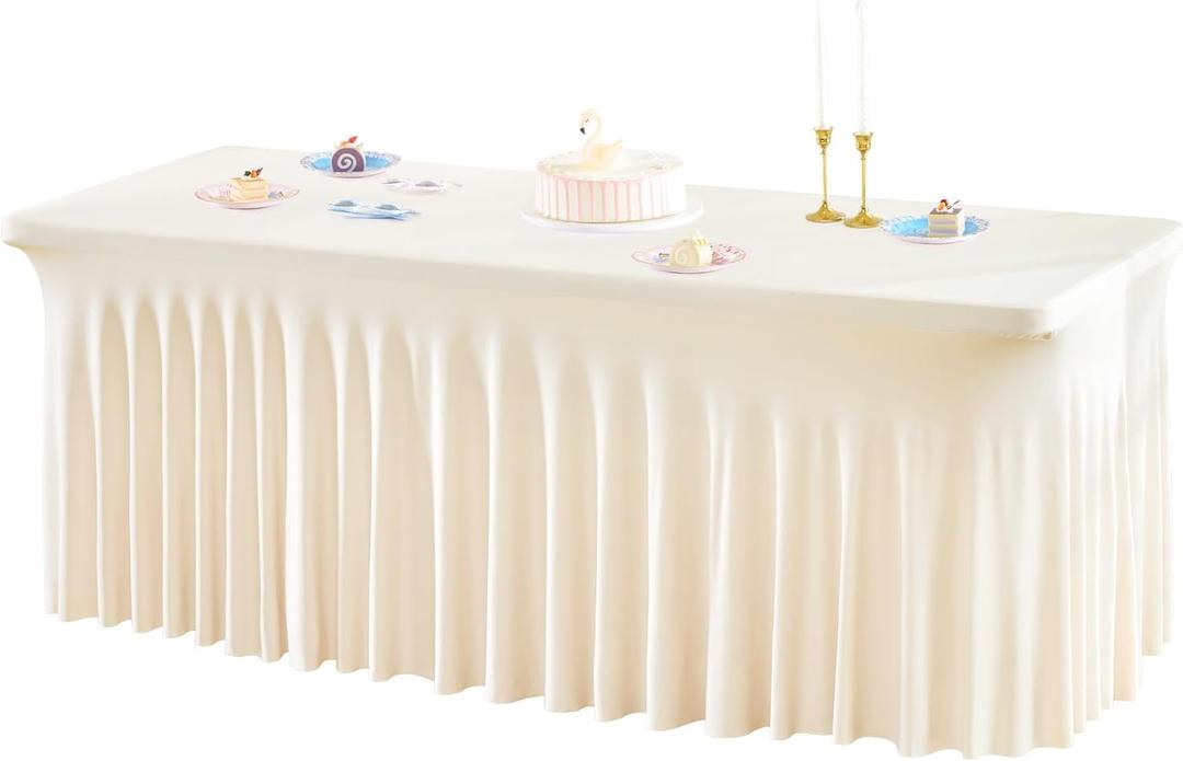 1 Pack Ivory Table Clothes for 4 Foot Rectangle Tables, One-Piece Wrinkle Resistant Stretch Spandex Table Covers with Skirt for Event Banquet Wedding Birthday Party