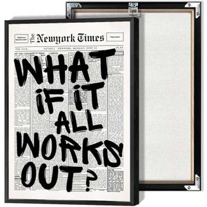 Retro Black And White Newspaper Poster What If It All Works Out Canvas Wall Art Positive Affirming Quote Minimalist Prints Painting For Home Bedroom Dorm Wall Decor 16x24in Framed