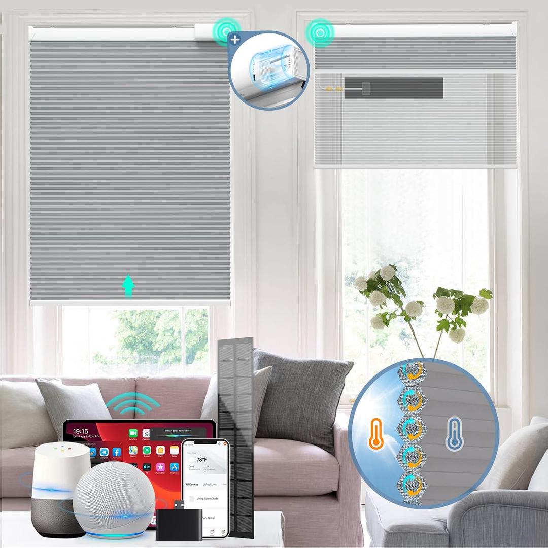 Motorized Cellular Shades with Remote Control,Grey, 35" W× 64" H
100%Blackout, Electric Smart Blinds with Cordless,Free Solar Panel, Windows Automatic Honeycomb Blinds, with App Alexa Google