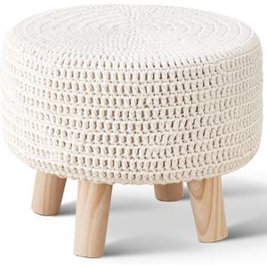 Wimarsbon Pouf Ottoman, 100% Cotton Knitted Boho Footstool, Round Footrest with Non-Skid Wood Legs, Home Dcor Handmade Pouffe, Leisure Floor Step Stool for Living Room (Beige)