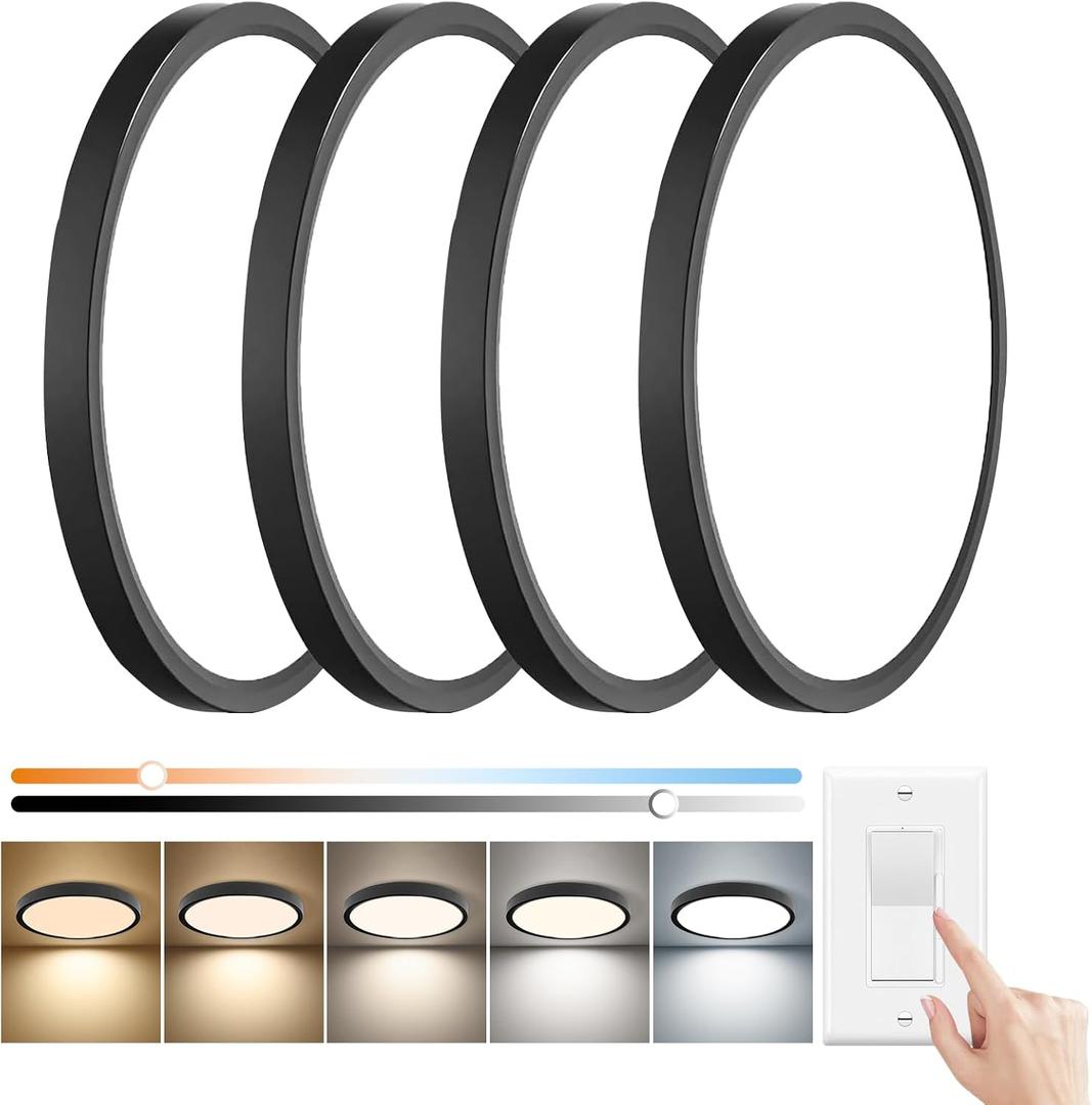 15.8 Inch Dimmable LED Flush Mount Ceiling Light, 32W, 3480LM, 3000K/3700K/4000K/5000K/6000K, Round Flat Panel Low Profile Ceiling Light Fitures for Hallway, Kitchen, Bedroom, 4PK Black