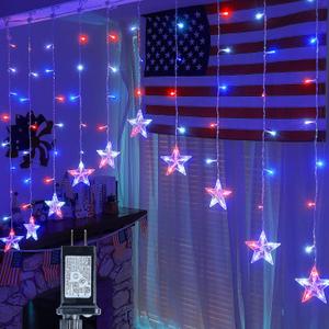 4th of July Patriotic Star Icicle Lights, Red White and Blue Curtain String,11.5 ft 118 LED Waterproof 8 Modes with Timer Connectable Independence Day Decorations Window Lights for Outdoor Indoor
