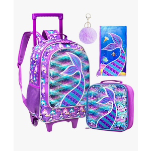 AGSDON 3PCS Rolling Backpack for Girls Boys, Kids Roller Wheels Bookbag, Wheeled School Bag with Lunch Bag