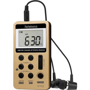 Retekess V112 AM FM Radio Portable, Mini Radio with Earphone Pocket, Digital Tuning Rechargeable Battery LCD Display for Walking Jogging(Gold)
