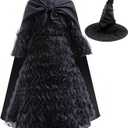 Elphaba Costume Dress for Girls Halloween Cosplay Birthday Party Outfit With Cape and Witch Hat (5-6 Years(120), Black)