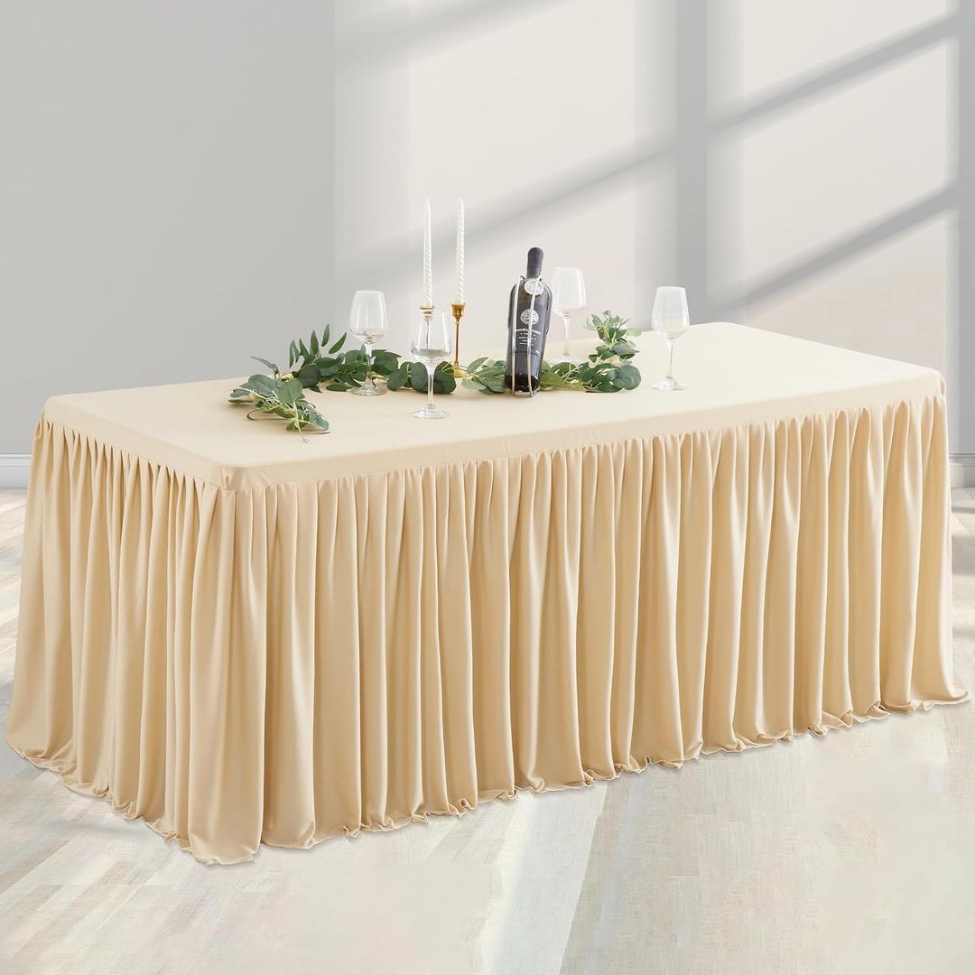 Dark Champagne Polyester Table Clothes for 8 Foot Rectangle Tables, Wrinkle Free Fitted Table Cover 8ft Stretch Tablecloths with Skirt for Parties Weddings Birthday Banquet Baby Shower