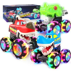 Pnooe Monster Truck Toys, 3 Pack Light Up Cars for Toddlers, Baby Animal Toy Trucks Dino Cars with LED Lightning Wheels, Press & Go Car with Moving Mouth for Kids Boys Girls Christmas Birthday Gifts