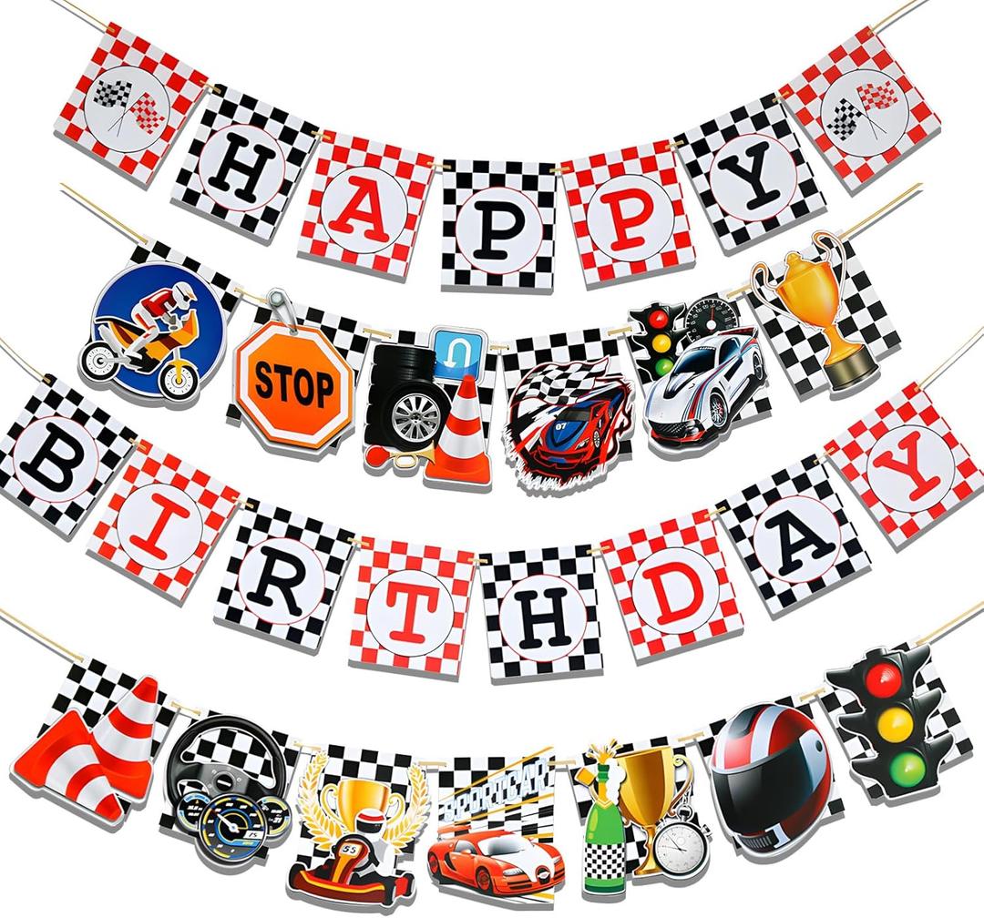 Set of 4 Race Car Happy Birthday Party Banners, Racing Theme Garlands Checkered Flag for Birthday Party Supplies Photo Props Baby Shower Wall Decor