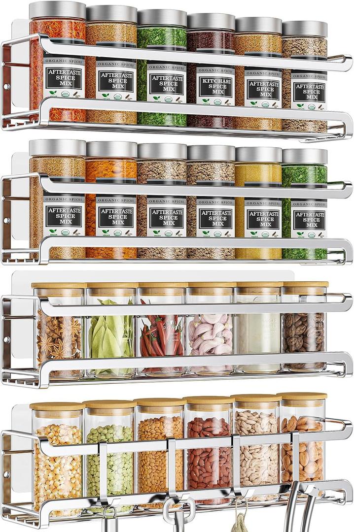 Bunoxea Spice Rack wall mounted 4 Pack, Space-Saving Spice Organizer for Spice Jars and Seasonings,Screw or Adhesive Hanging Spice Rack Organizer for Your Kitchen Cabinet,or Pantry Door,Chrome