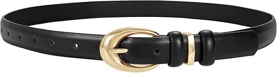 Women Leather Belt for Jeans Pants Fashion Ladies Skinny Faux Leather Dress belt with Gold Buckle (L, Black)