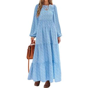 PRETTYGARDEN Women's Fall Dresses 2025 Long Sleeve Flowy Casual Floral Maxi Dress Crew Neck Smocked Tiered Long Dress (Blue, L)