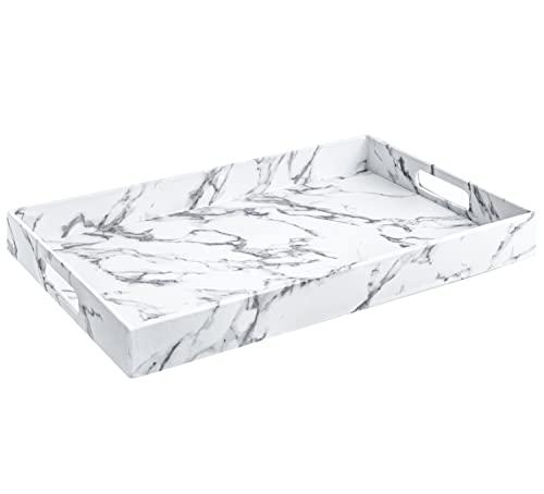 Home Redefined Modern Elegant 17.5"x12" Rectangle White Marble Faux Leather Decorative Tray Ottoman Coffee Table Perfume Living Room Kitchen Serving Tray Display Vanity with Handles for All Occasion's