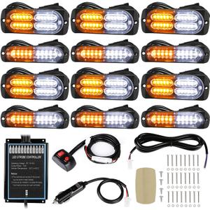 LINKITOM 12pcs Ultra Slim Sync Feature Surface Mount LED Emergency Beacon Hazard Warning Flashing Strobe Lights with Waterproof Controller and Long Heavy Cable for Car Truck Vehicle, Amber/White