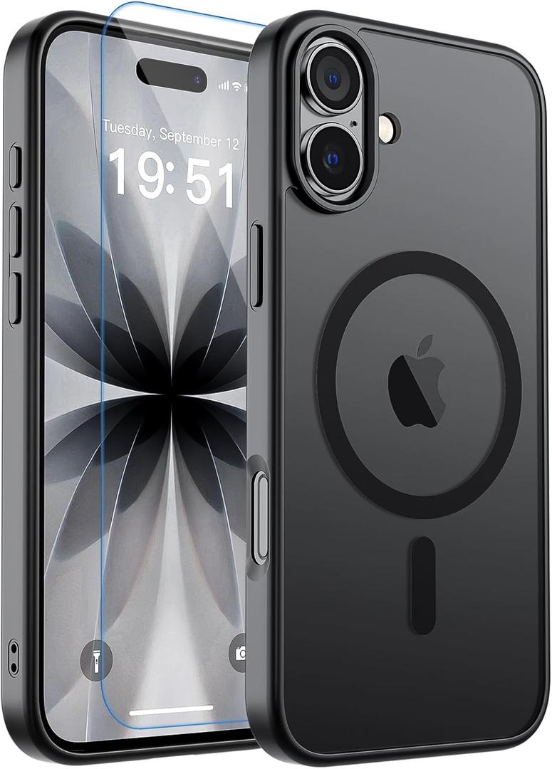 zapica Magnetic for iPhone 17 Case, with [Tempered Glass Screen Protector] [Compatible with MagSafe] Translucent Matte Shockproof Anti-Scratch Phone Cover, Black