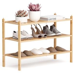 Shoe Rack, 3-Tier Bamboo Stackable Shelf Storage Organizer, Stand for Closet, Entryway, Hallway, Bathroom and Living RoomNatural