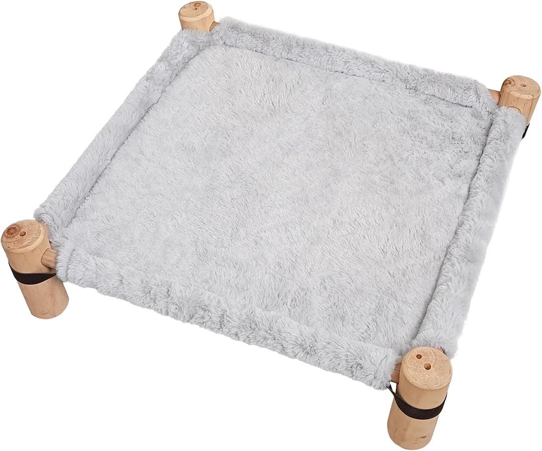 Pozico Cat Hammock Bed Wooden Elevated Cat/Dog Bed with Plush Winter Fabric Raised Pet Cot Furniture for Small Dogs, Cats & Small Animals Warm Indoor Lounger Portable & Washable