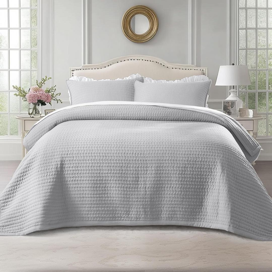 KASENTEX King XL Quilt Set 108"x98"  Soft Washed 3-Layer Lightweight Bedspread, Minimalist Nordic Design, All-Season Spring & Summer Quilt Set (1 Quilt + 2 Pillow Shams), Gull