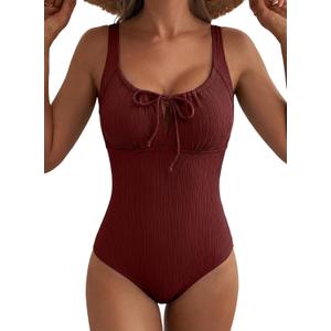 Aleumdr Womens Textured One Piece Swimsuit Tummy Control Bathing Suit Tie Knot Cutout Swimwear (Red, XXL)