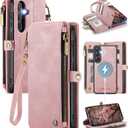 Defencase for Galaxy S25 Magnetic Wallet Case Compatible with Magsafe with RFID Blocking Zipper & Card Holder for Women Men, PU Leather Detachable Phone Case for Samsung Galaxy S25 6.2 inch, Rose Pink