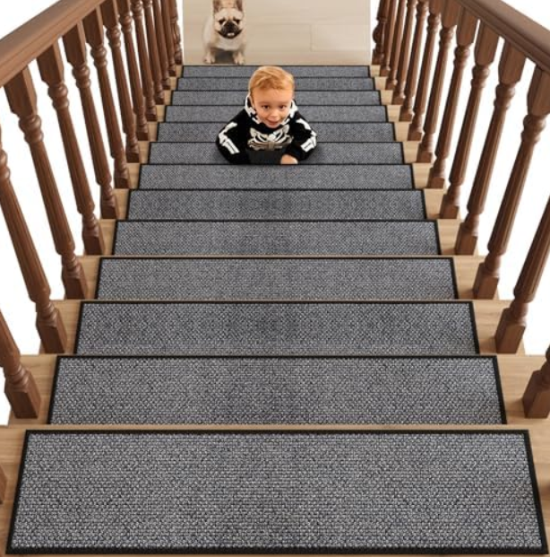 Robmic 7pcs 8X30 Inches Non-Slip Stair Treads for Wooden Steps Indoor, Machine Washable Rubber Backing Runners, Residue Free Carpet for Kids and Dogs (Black)