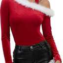IEEIULU Christmas Off Shoulder Tops - Womens Santa Red Sweaters Velvet Fur Trim Holiday Top for Women Long Sleeve Shirts (Small)