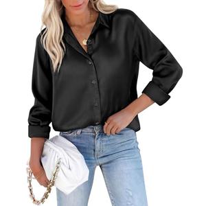 Siliteelon Button Down Shirts for Women Plus Size Satin Button Up Blouse Black Silk Blouses for Women Dressy Casual Fashion Clothing Business Top Date Party, L