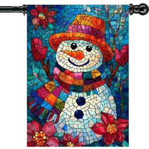 Christmas Garden Flags for Outside Winter Snowman Large Yard Flag, Stained Glass Style Seasonal Farmhouse Winter Xmas Holiday Outdoor Decor 28x40 Inch Double Sided