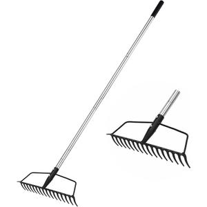 Garden Rake, Metal Sturdy and Heavy Duty Metal Rake, 16-Tine Bow Rake with Adjustable Stainless Steel Handle, Long Shaft for Loosening Soil, Leveling Mulch, Gathering Leaves