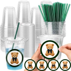 50 Sets Tartan Plaid Bear Baby Shower Party Plastic Cups Bulk 14 oz Disposable Clear Cups with Lids, Straws & Bear Stickers for We Can Bearly Wait Vintage Blue Green Theme Party Favor