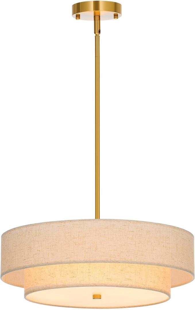 VONLUCE Modern Chandeliers, 18" Drum Chandeliers with 2-Layer Fabric Shade, 4-Light Pendant Light Fixture with E26 Bases, Light Fixture for Dining Room Bedroom Living Room, Linen Shade & Brass Finish (Gold)