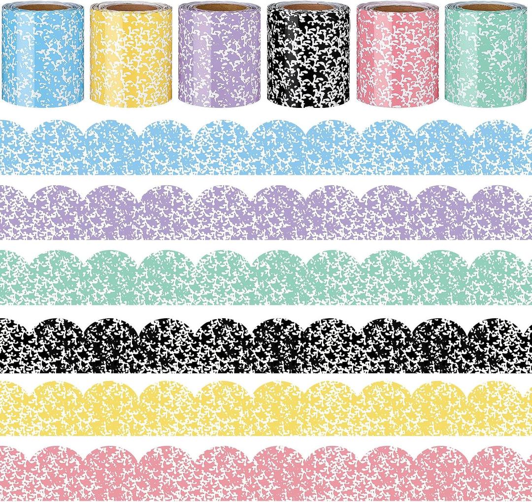 Fuutreo 6 Roll 197 ft Colorful Composition Scalloped Rolled Border Composition Notebook Classroom Decoration Marble Cover Rolled Border Trim Decor for Back to School Chalkboard Office Wall