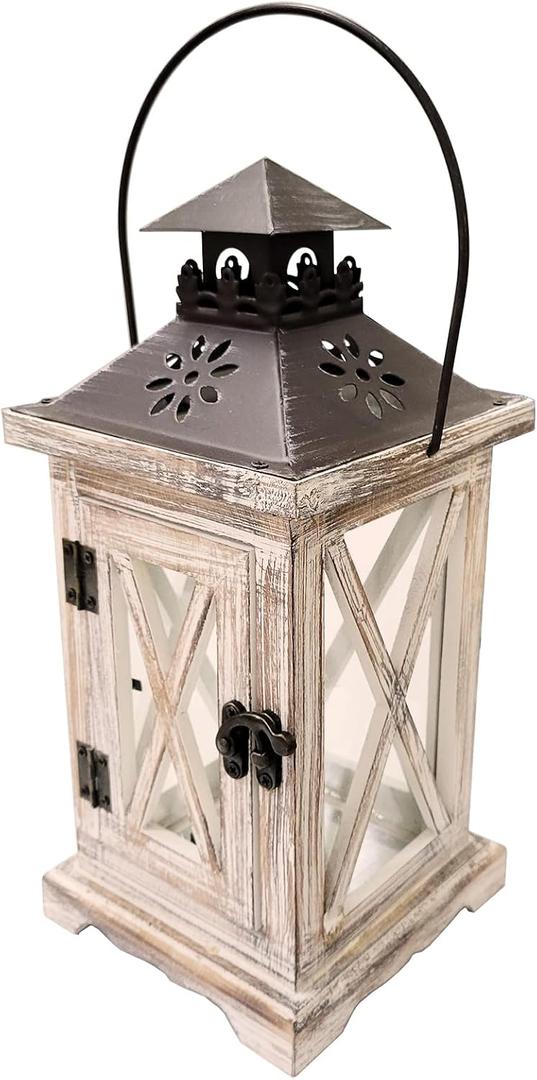 Vintage Wooden Decorative Lantern Candle Holder Rustic Farmhouse Wedding Centerpiece Lantern for Table Mantle Wall Hanging Display Party Home Decor Indoor Outdoor X'Mas (Style 2)