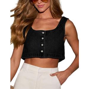 Limerose Women's Reversible Denim Tank Top Button Front Crop Sleeveless Cami (XL)