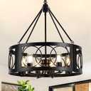 Modern Farmhouse Chandelier, 6-Light Black Chandeliers for Dining Room, 21.6'' Rustic Adjustable Pendant Lights Drum Light Fixture for Entryway Living Room Foyer Kitchen Island Bedroom, E26