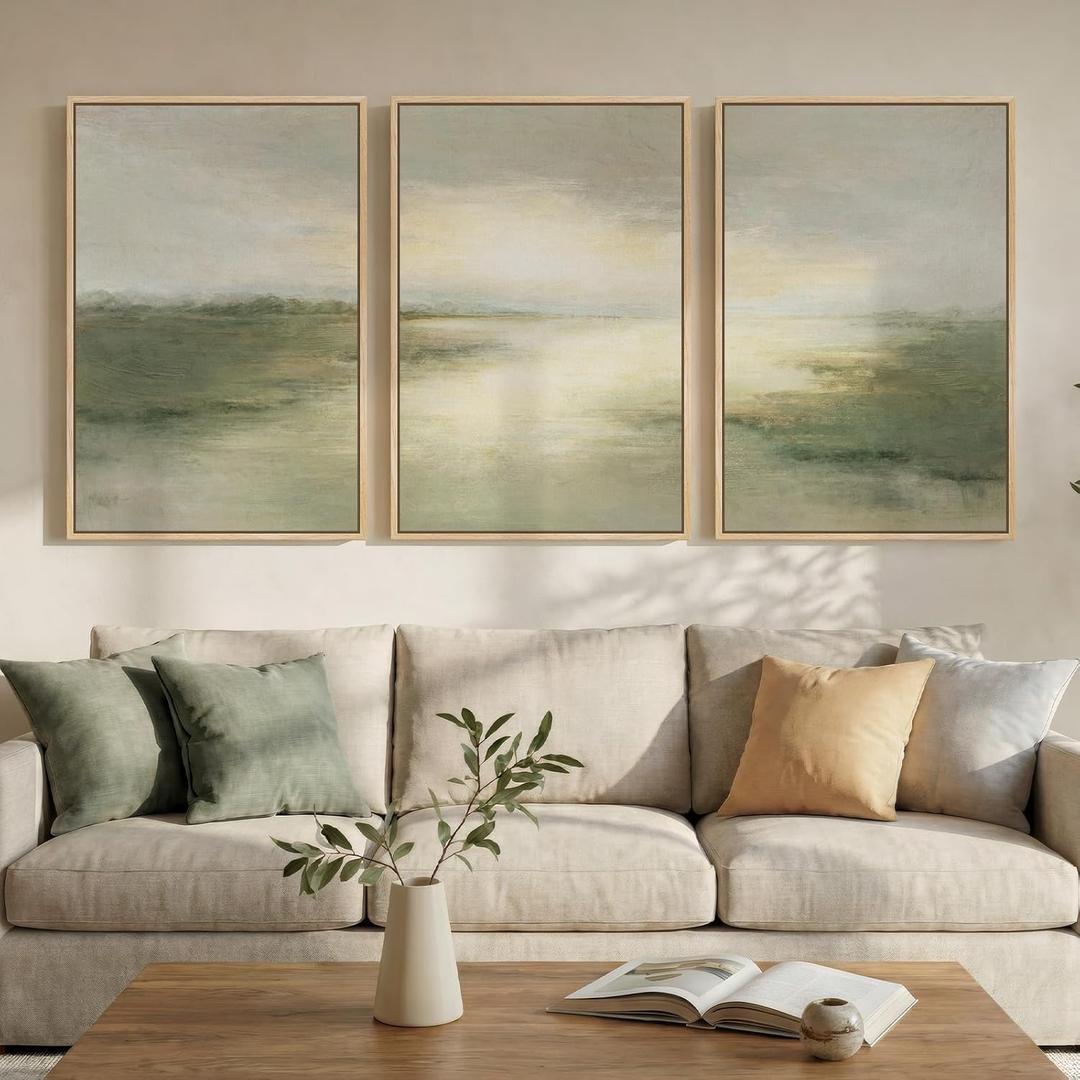 Large Framed Sage Green Abstract Landscape Wall Art for Living Room, 3 Piece Modern Canvas Prints Paintings Artwork for Walls, Nature Rustic Pictures Wall Decor for Bedroom Farmhouse Office 24x36 In, 24" W x 36" H x 3Pcs
