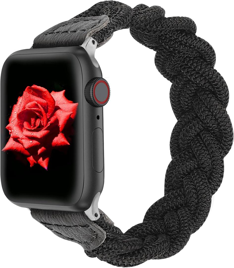 Wearlizer Stretchy Braided Band Compatible with Apple Watch Bands Women 38/40/41/42mm(Series 11 10) S Slim Elastic Solo Loop Strap Woven for iWatch Series 11 10 9 8 7 6 5 4 3 SE/Ultra 3 2 1 (Black)