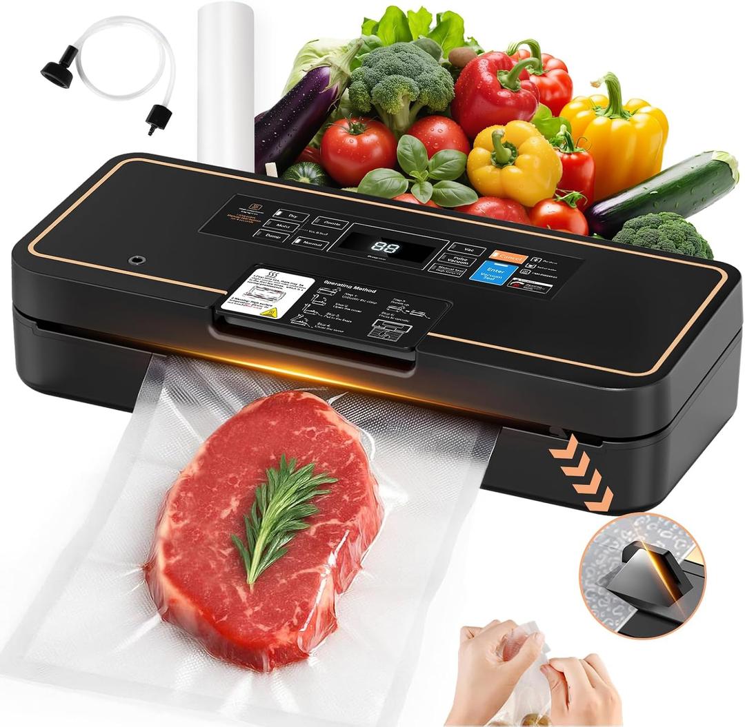 Vacuum Sealer for Food, 95kPa Food Saver Machine, 135W Fast-Sealing with Easy Tear Cutter, Built-in Bag Storage, 9-in-1 Compact with 10 ft Bag Roll