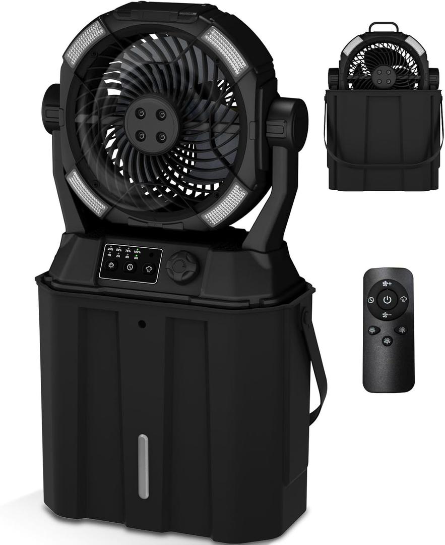 Misting Fan Portable Camping Fan 42800mAh Rechargeable with Remote Control, 3 LED Light & Stepless Speed Control & Cooling Spray with 6L Bucket, Timer Function, Portable Handle, Rotating Hanging Hook (Black)