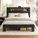 KISLOT Farmhouse Bed Frame with LED Lights and Storage, Black, Queen