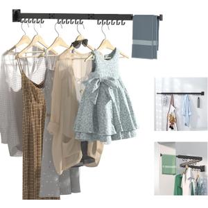 ptlsy Wall Mounted Portable Folding Clothes Drying Rack with Hooks,Space Saver Clothes Hangers Design Universal for Balcony, Mudroom, Bedroom, Kitchen, Foldable Laundry Rack (3-Pole Black)