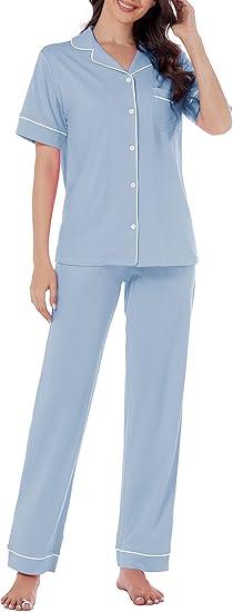 LUBOT 100% Cotton Pajamas for Women PJ Set Soft 2 Piece Ladies Button Knit Long Short Sleeve Sleepwear Loungewear, Size: Small