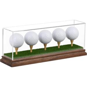 Hole in One Golf Ball Display Case Golf Ball Display Case Holder for 5 Golf Balls Wanult Wood Base Acrylic Golf Ball Holder Stand Lifelike Turf Wood Tee Memorabilia Showcase Cube Box Stand Gift Decor