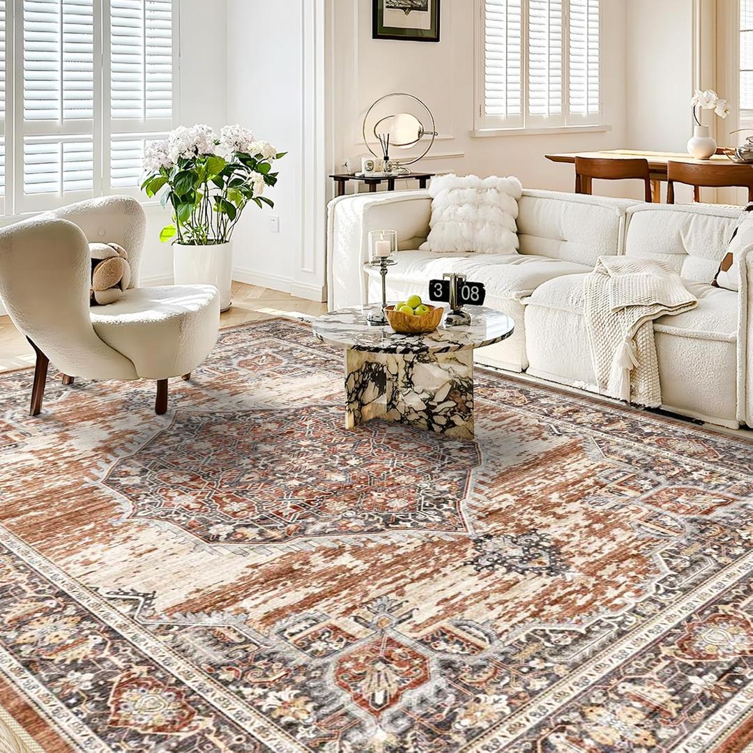 Washable Rug 8x10 Area Rugs: Super Soft Ultra-Thin Carpet - Non-Slip Backing Rugs for Bedroom Dining Room - Stain Resistant Vintage Large Area Rug 8'x10' Brick