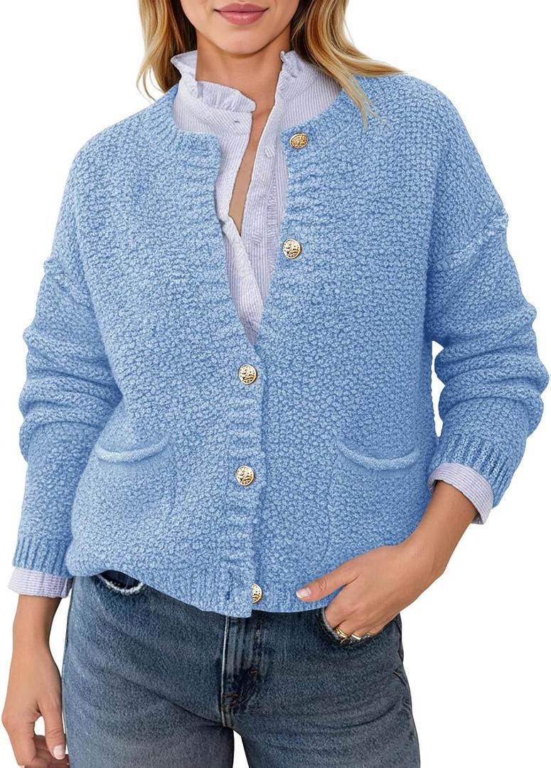 Saodimallsu Women's Chunky Knit Cardigan Button Down Crewneck Long Sleeve Cropped Sweater with Pockets (Blue, L)