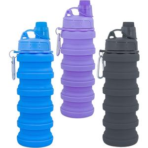 Collapsible Water Bottles Travel water bottle Sports Portable Sport Water Bottle Reusable Water Bottles Comes With Mountaineering Buckle 500ml Silicone Water-Proof Camping Water Bottle (Blue+Purple+Grey)